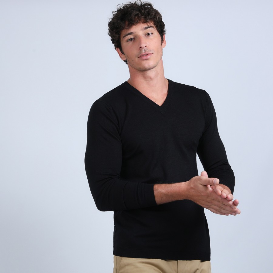V-neck jumper in merino wool - Elmo