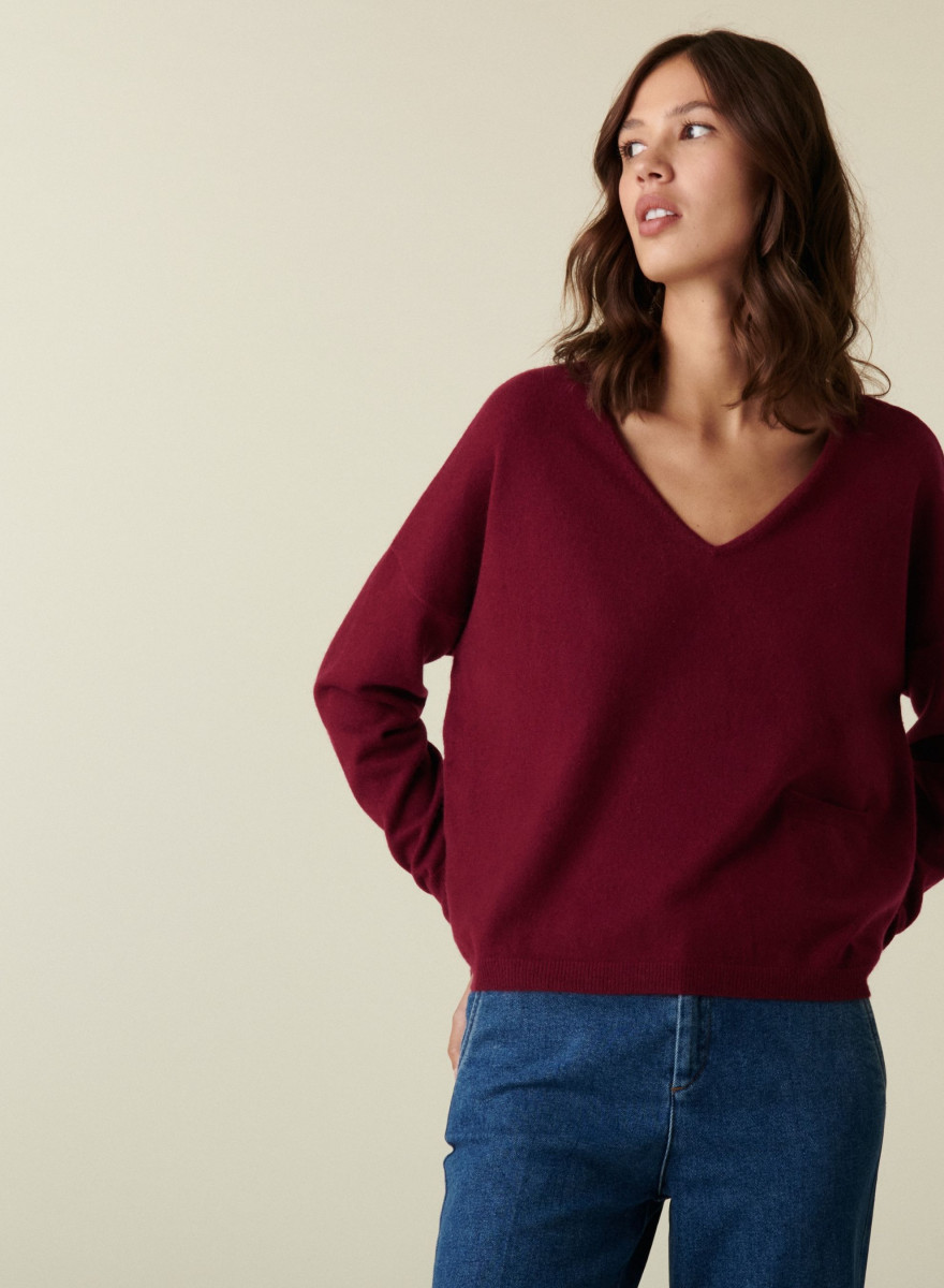 Short cashmere V-neck sweater with pockets - Balba