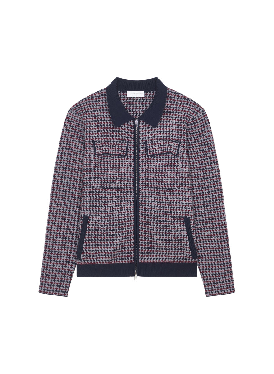 Polo collar jacket with houndstooth patterns in merino wool - Fabien