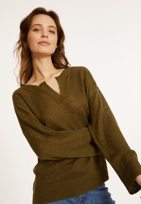 Loose linen sweater with openwork sleeves - Molene
