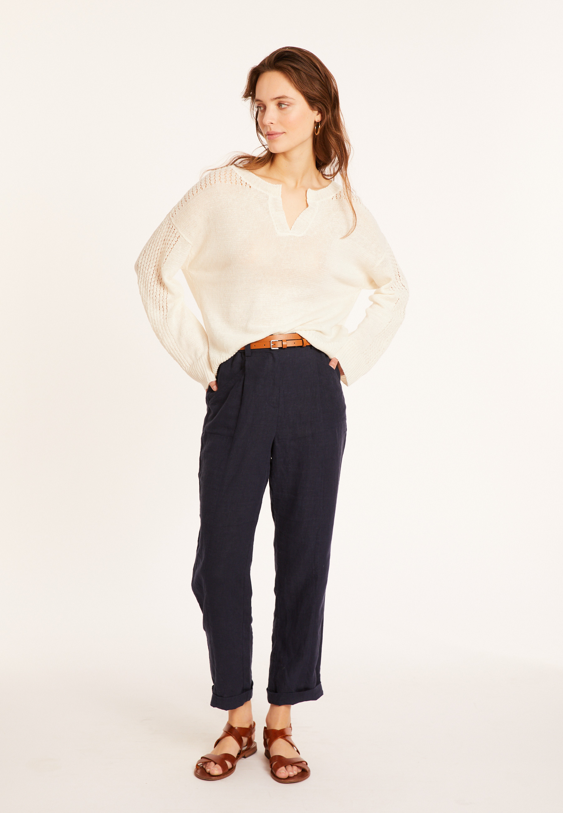 Loose linen sweater with openwork sleeves - Molene