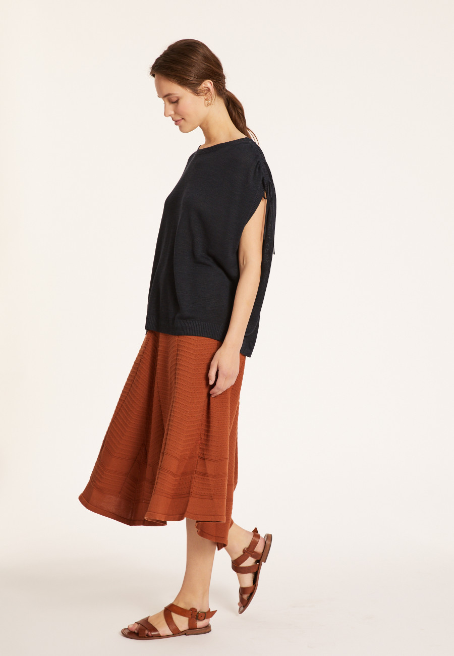 Flamed linen t-shirt with shoulders tightening - Marine