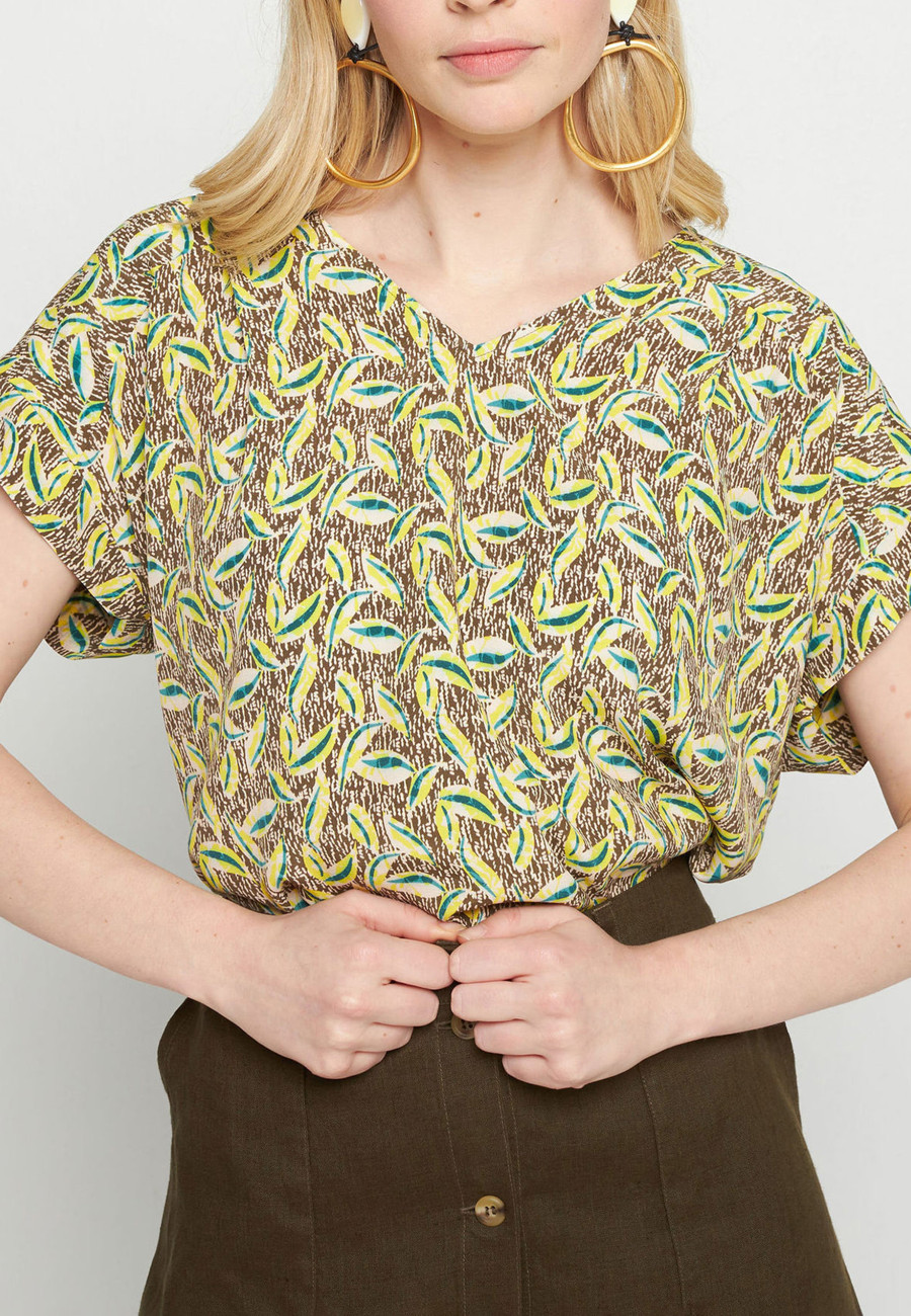 Short-sleeved patterned blouse in viscose warp and weft - Serena
