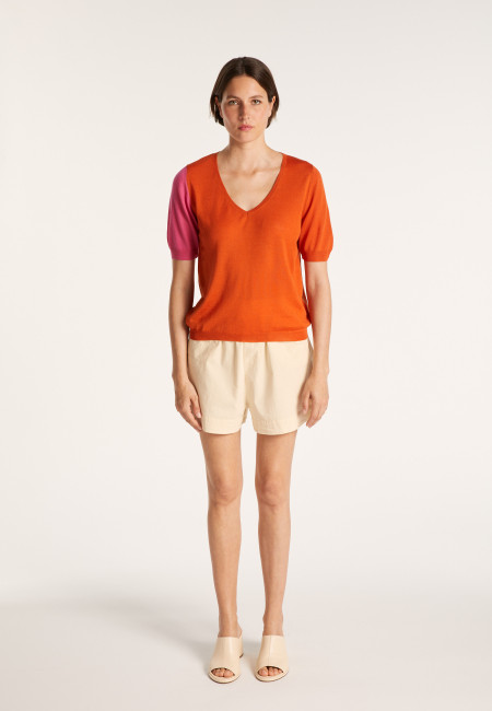 Short-sleeved V-neck jumper in two-tone wool - JACKIE