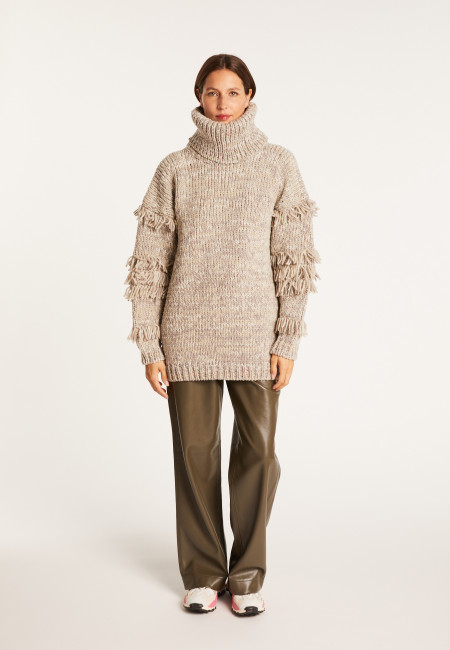 Jumper with large fringed roll neck - Sage