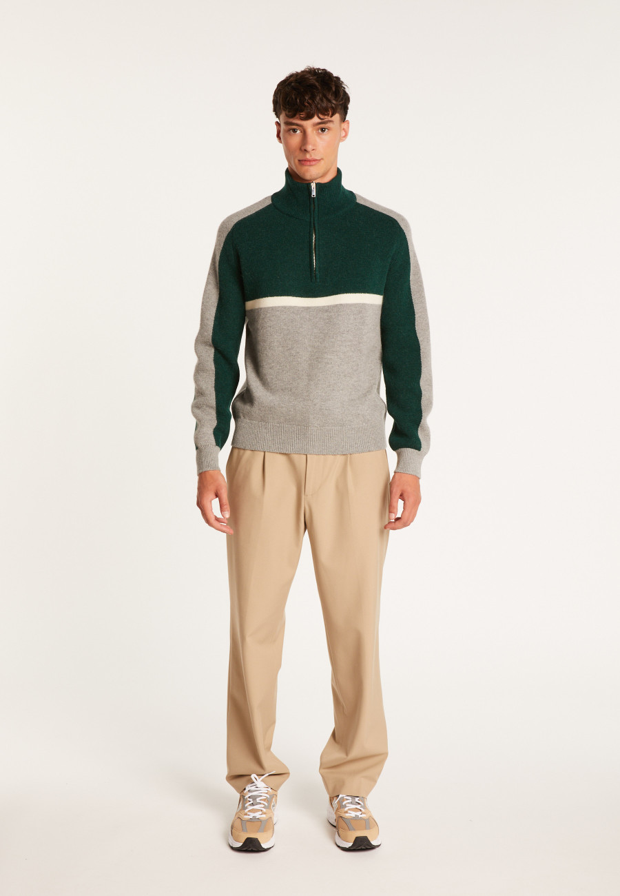 Tricolor alpaca wool sweater with trucker collar - Augustin