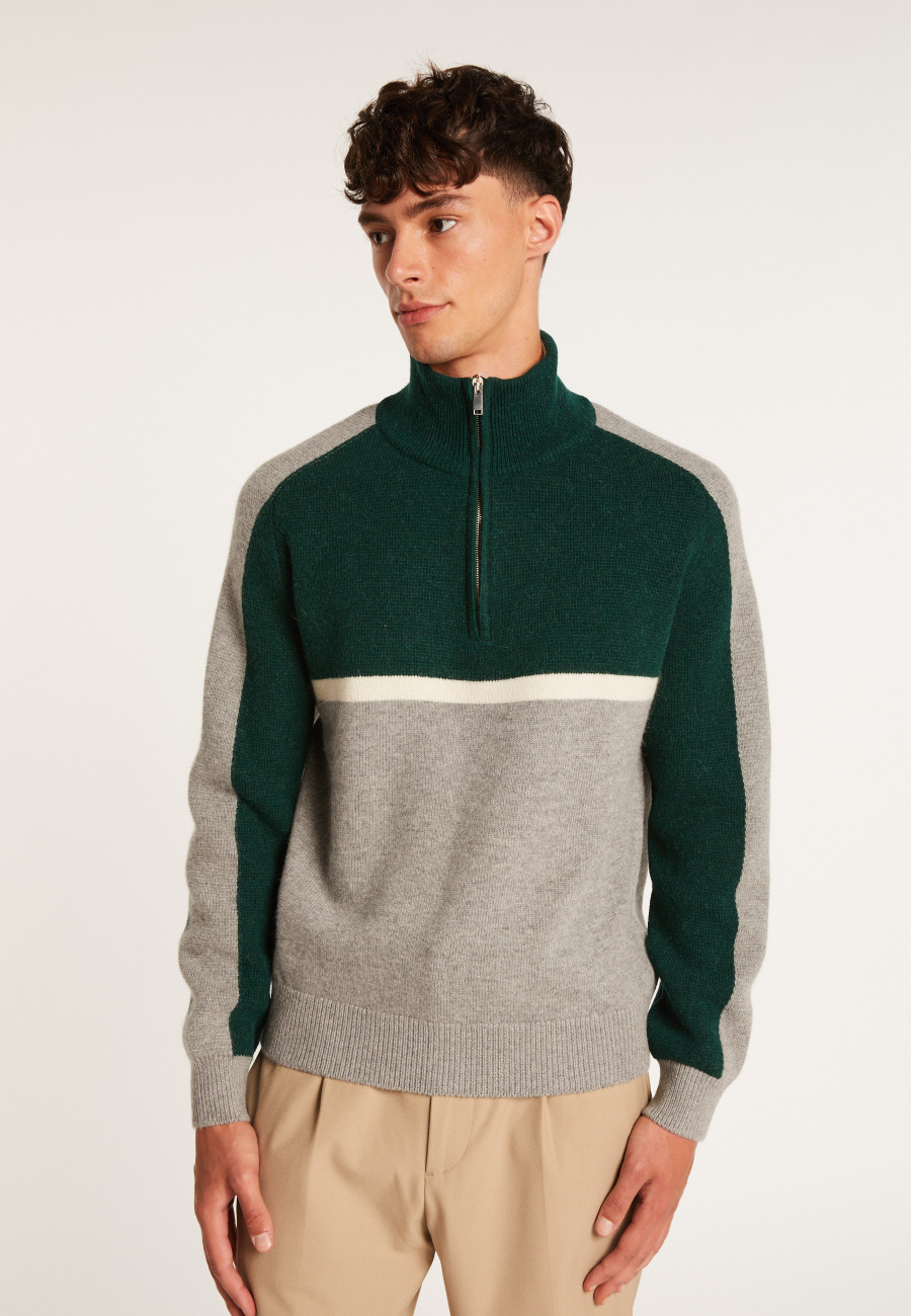 Tricolor alpaca wool sweater with trucker collar - Augustin