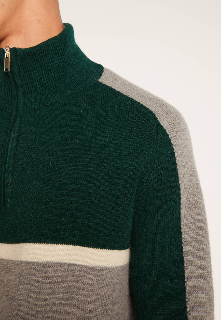 Tricolor alpaca wool sweater with trucker collar - Augustin