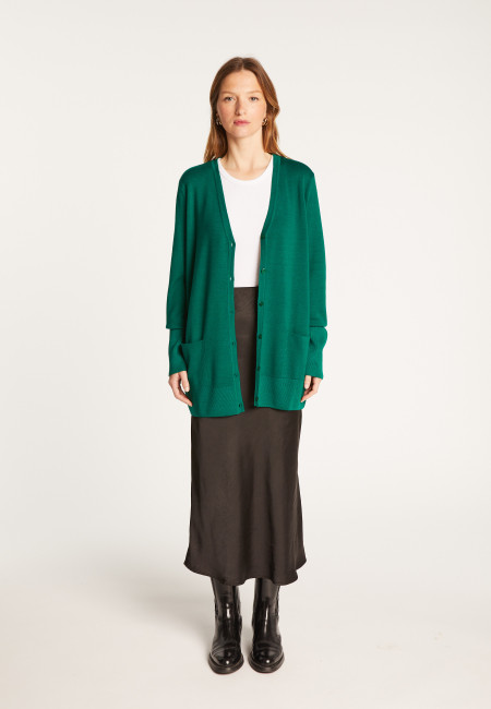 Long buttoned V-neck cardigan in merino wool - Alister