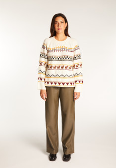 Round neck sweater with patterns in merino wool - Romance