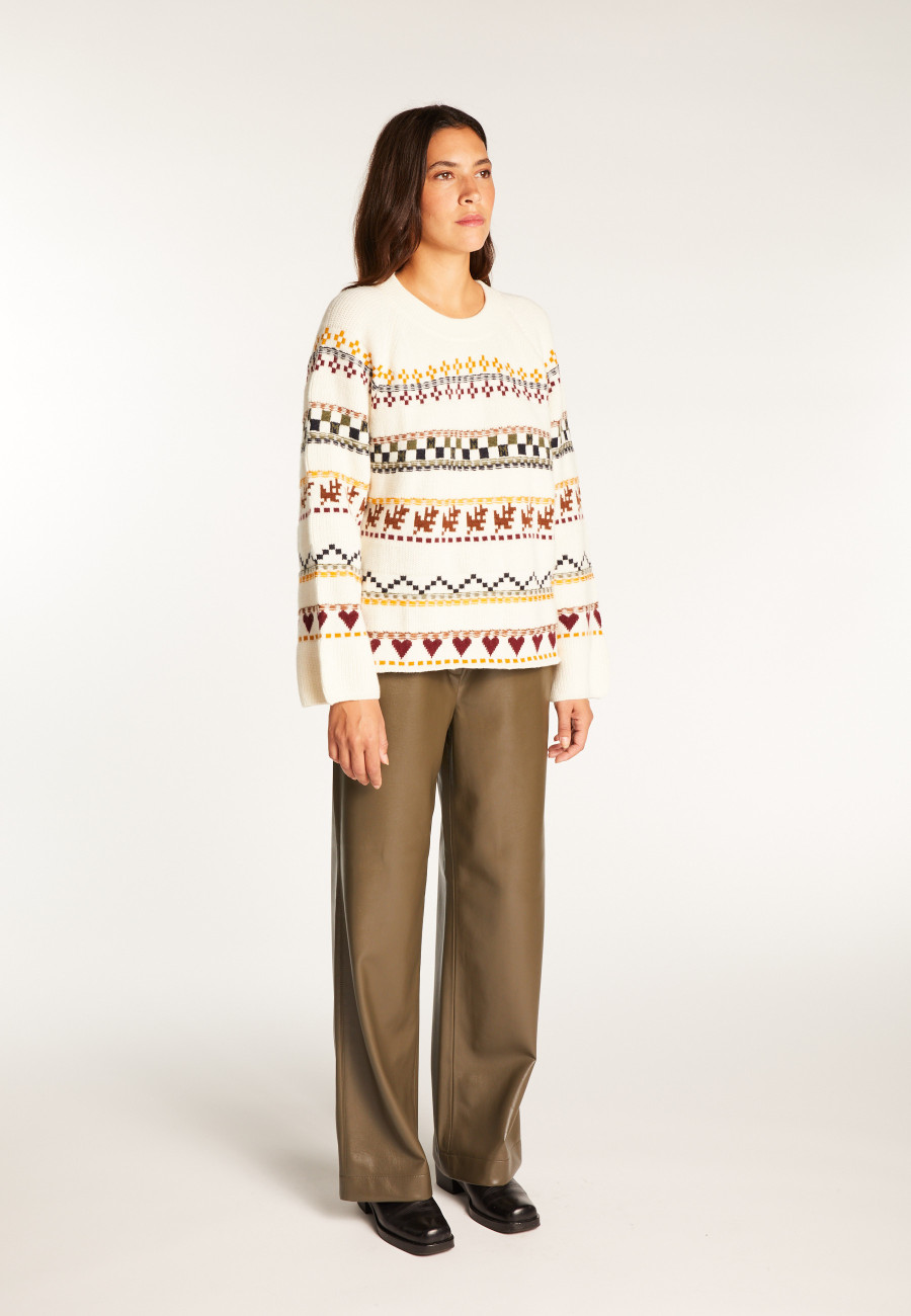 Round neck sweater with patterns in merino wool - Romance