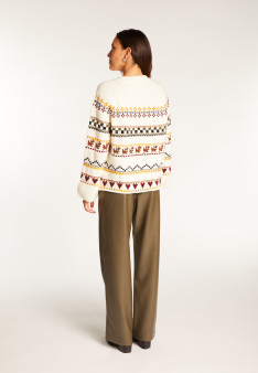 Round neck sweater with patterns in merino wool - Romance