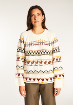 Round neck sweater with patterns in merino wool - Romance