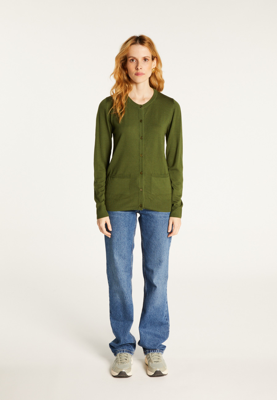 Buttoned round neck cardigan with pockets in merino wool - Amalia