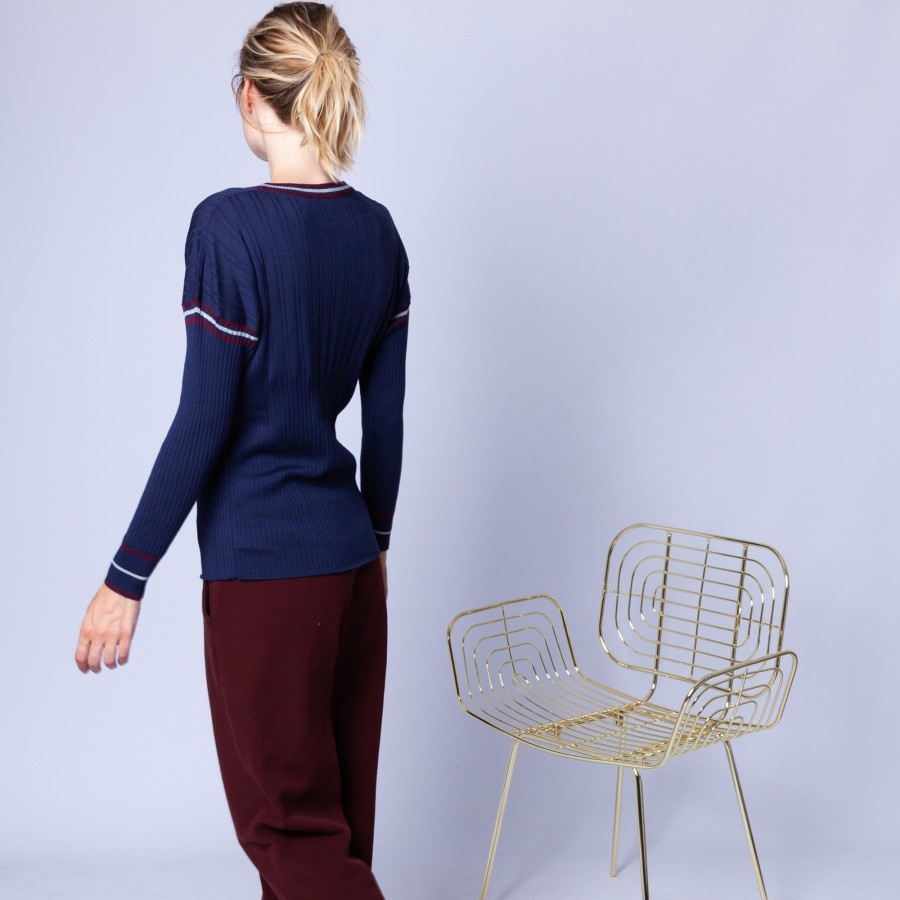 Wool jumper with tricolour rib stitches - Edouard
